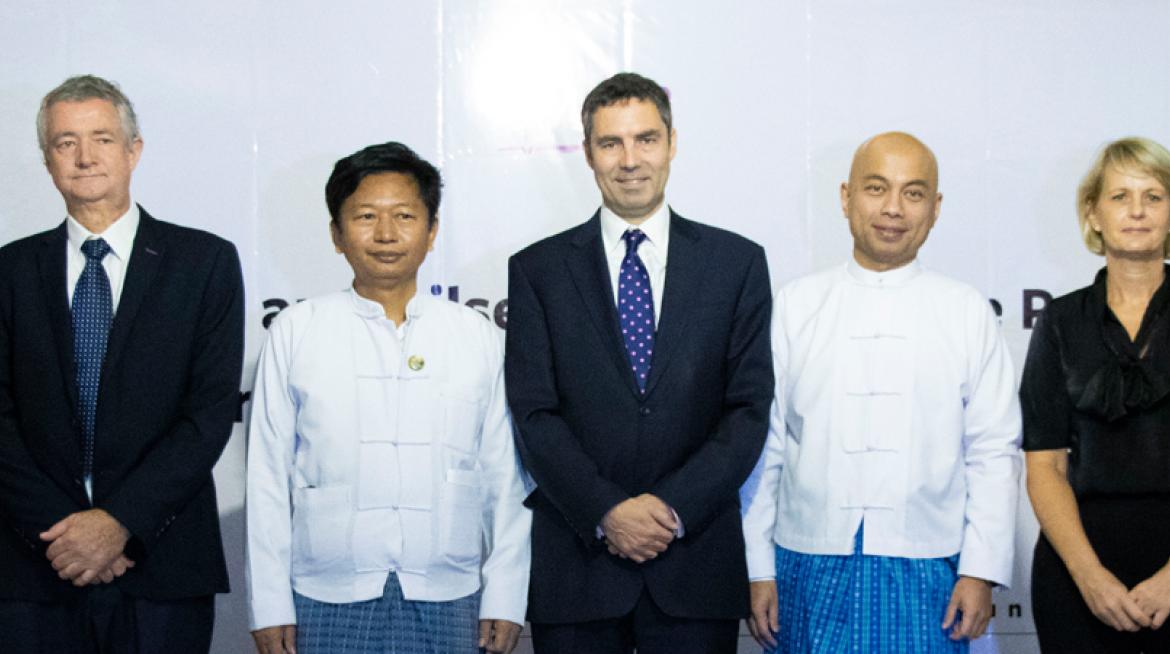 Martin Weiss of Myanma Awba Group, U Kyaw Swe Lin DG of Department of Planning (MoALI), UK Ambassador H.E. Dan Chugg, Thadoe Hein CEO of Myanma Awba Group, Katy Webley LIFT Fund Director