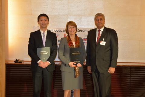 Mr Yoshiyuku Nojima, General Manager, CSR & Environmental Affairs Department at Misubishi Corporation; Ms Grete Faremo, Under Secretary-General and Executive Director of UNOPS; and Mr Sanjay Mathur, Director & Representative of UNOPS Myanmar